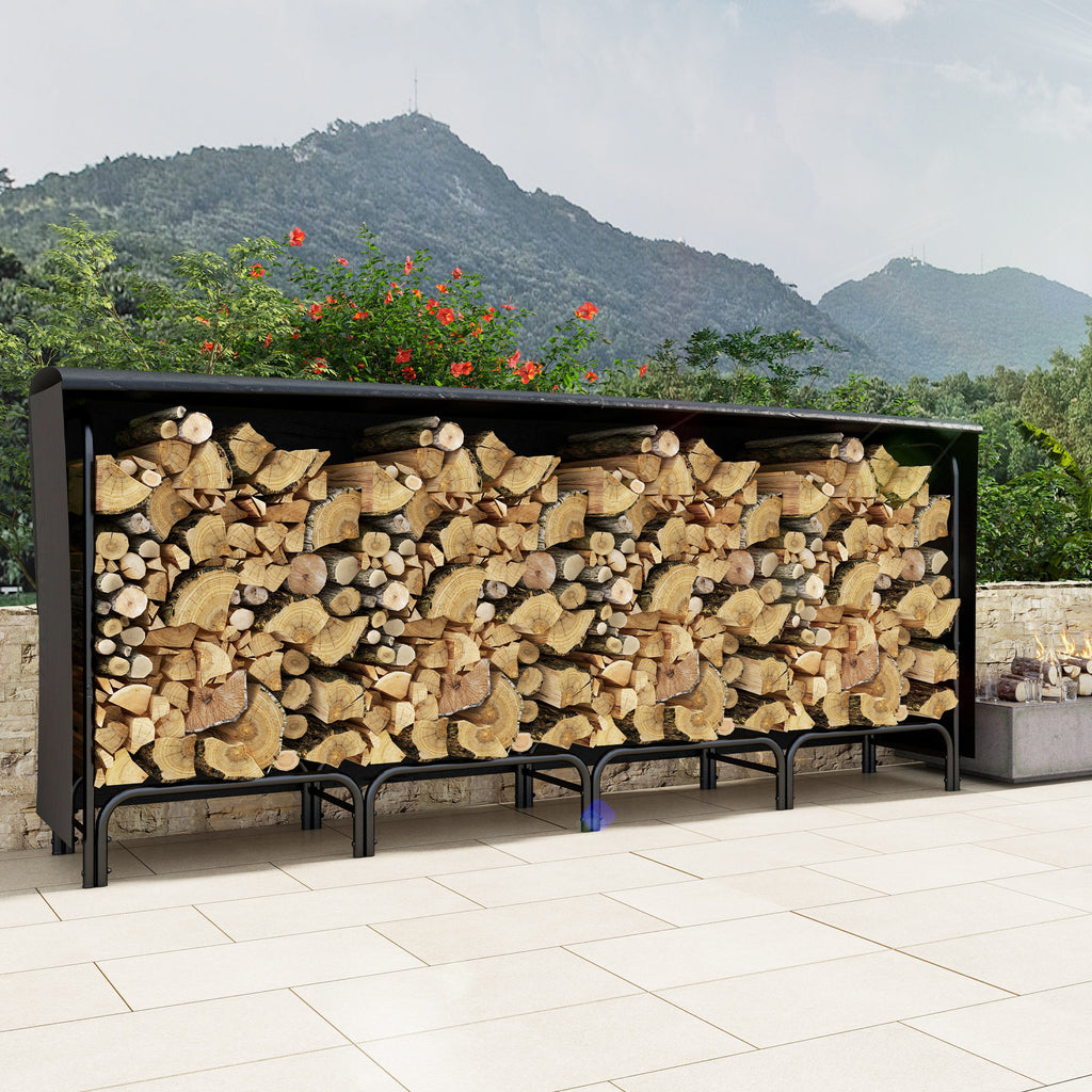 Indoor and Outdoor Metal Firewood Rack with Firewood Holder and Cover, 240x36x99cm, Black