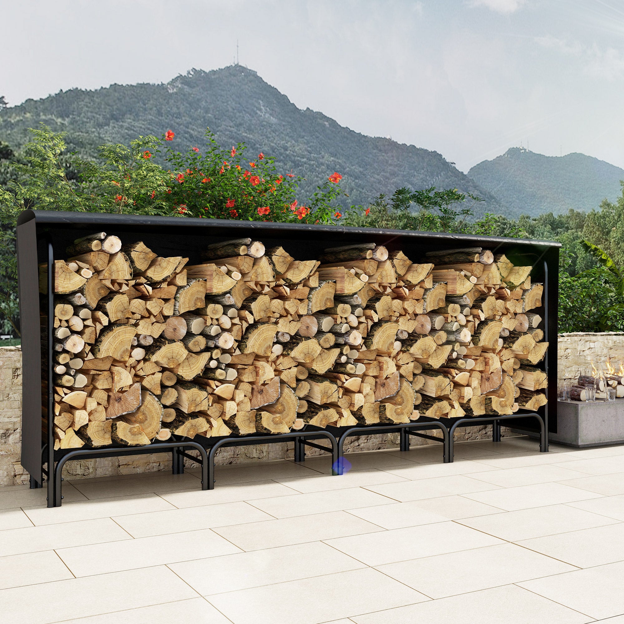 Indoor and Outdoor Metal Firewood Rack with Firewood Holder and Cover, 240x36x99cm, Black