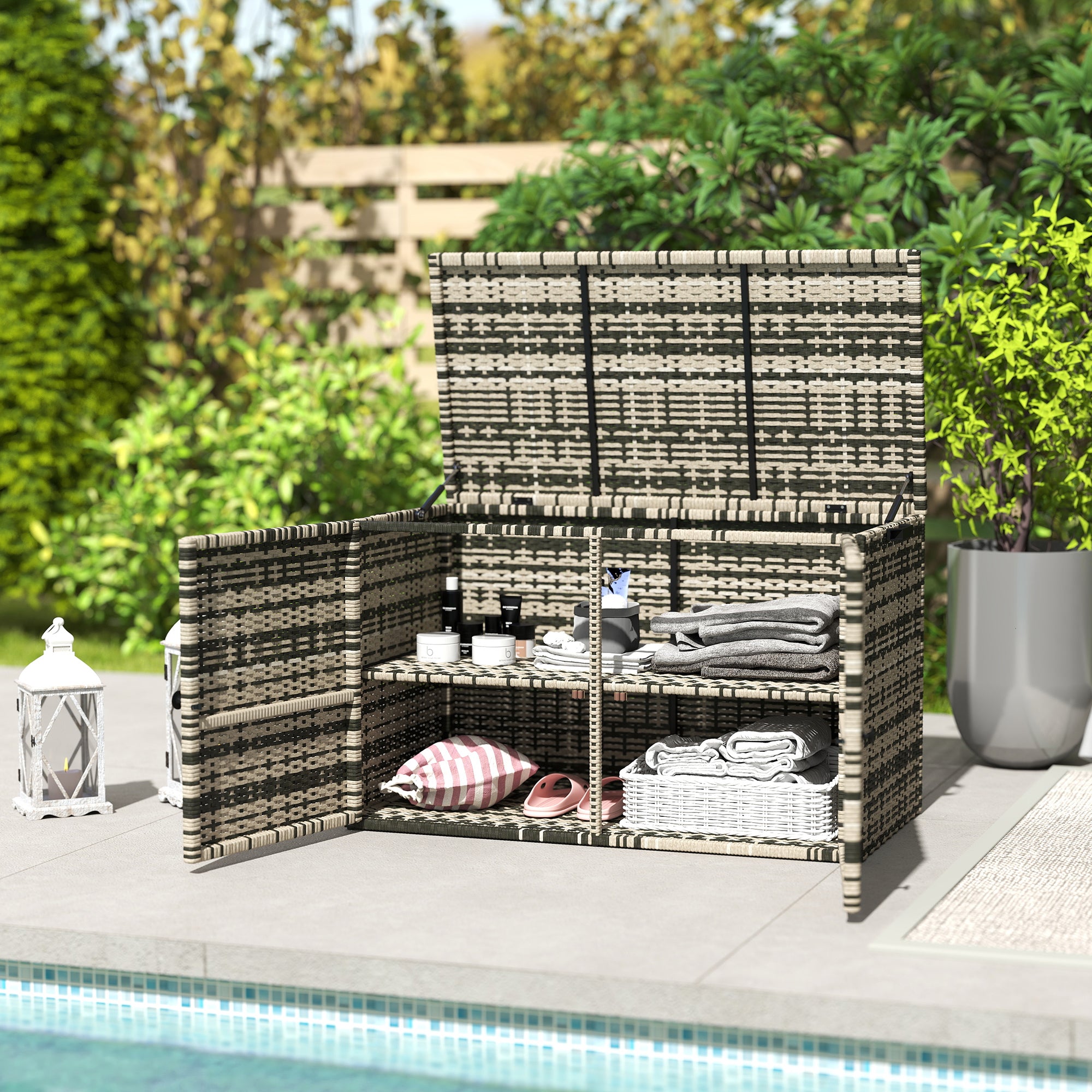 350L 2-Tier Outdoor Storage Chest with Gas Pistons, PE Rattan and Steel, 118x57x69 cm, Grey