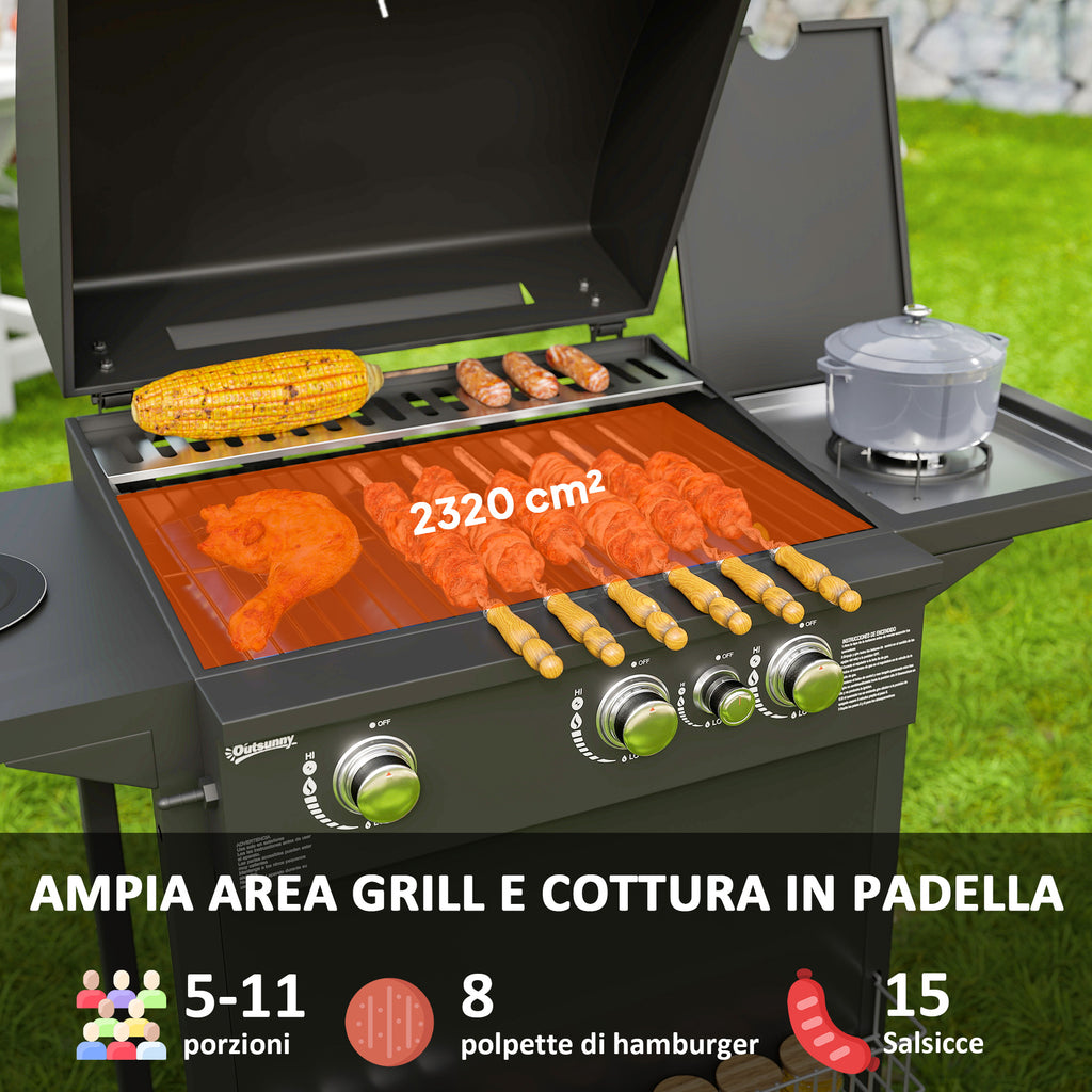 Gas Barbecue with Independent Burners, Lid with Thermometer and Side Table, Black