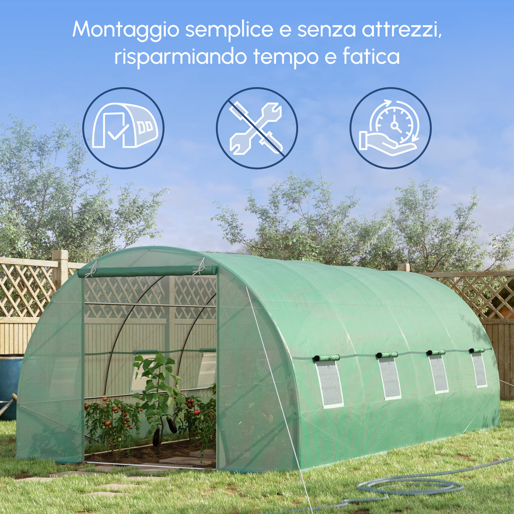 Outsunny Tunnel Greenhouse, Outdoor Vegetable Garden Greenhouse with Roll-Up Door and 8 Windows, 6x3x2 m, Steel and PE, Green