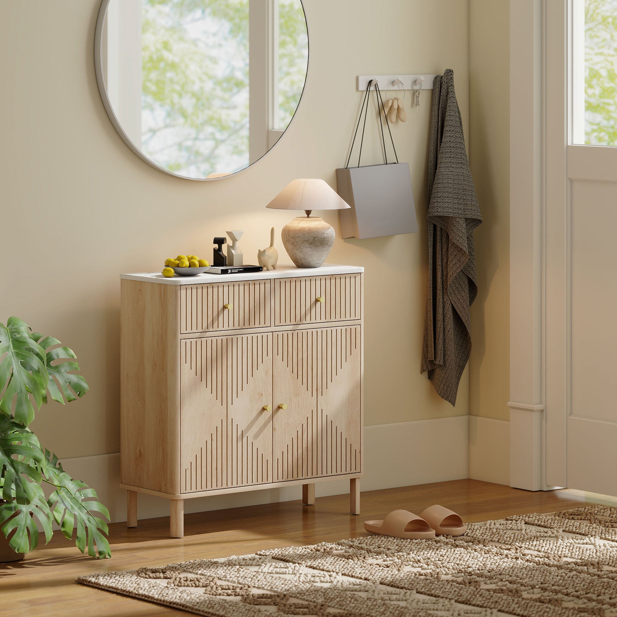Wooden Sideboard with 2 Drawers, Cabinet and Marble Effect Top, 77x30x80 cm, Oak Color