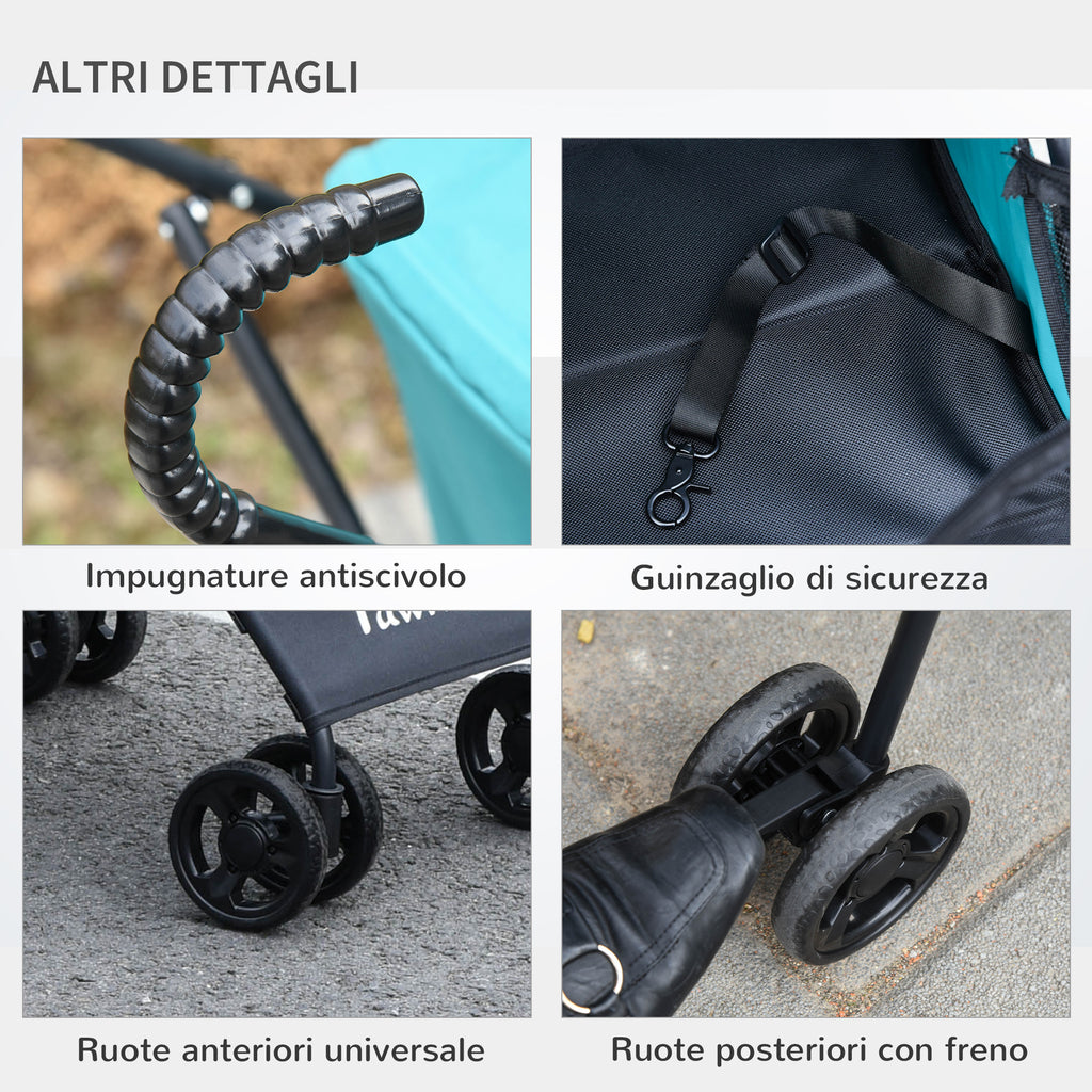 Folding Dog Stroller for Small Dogs, Swivel Wheels with EVA Brake and Safety Leash, 65x42x94cm Green