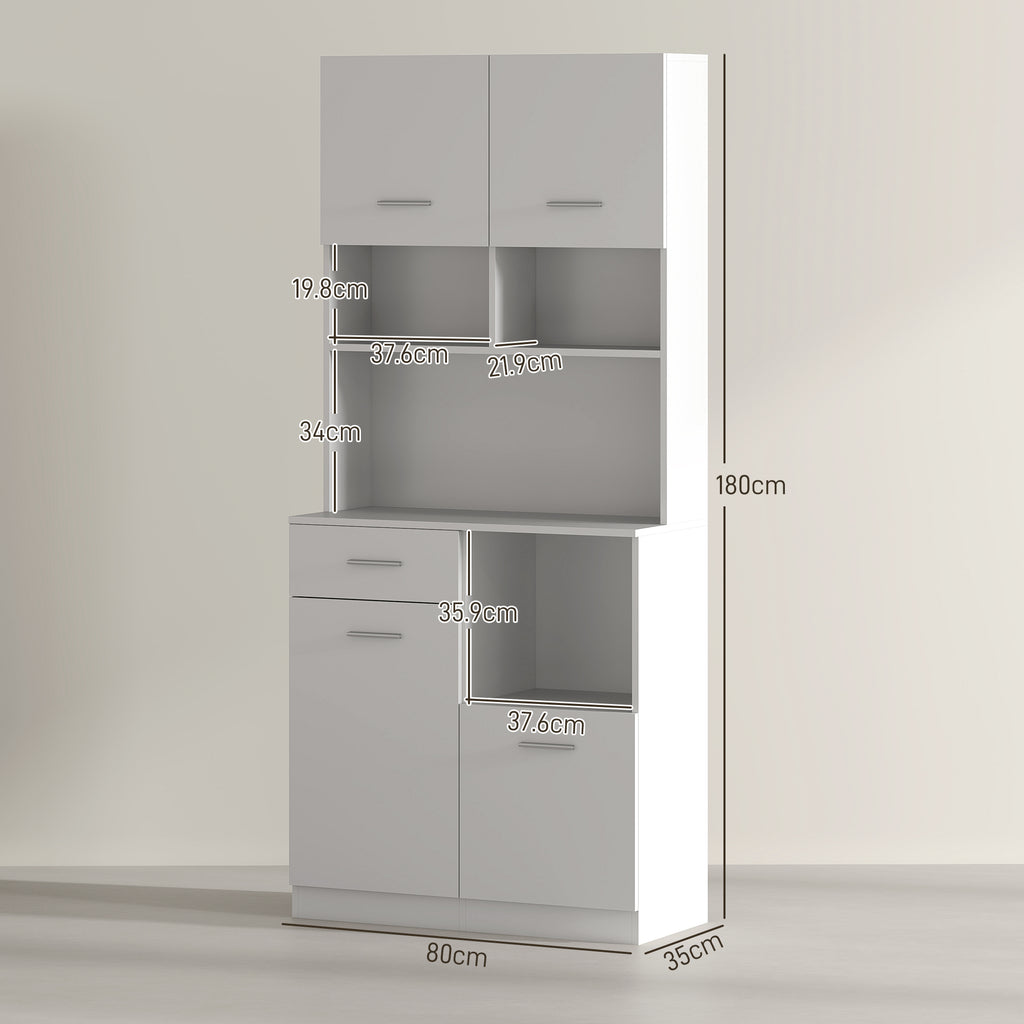 Wooden Pantry Cabinet with Drawer, 4 Cabinets and 3 Open Shelves, 80x35x180 cm, White