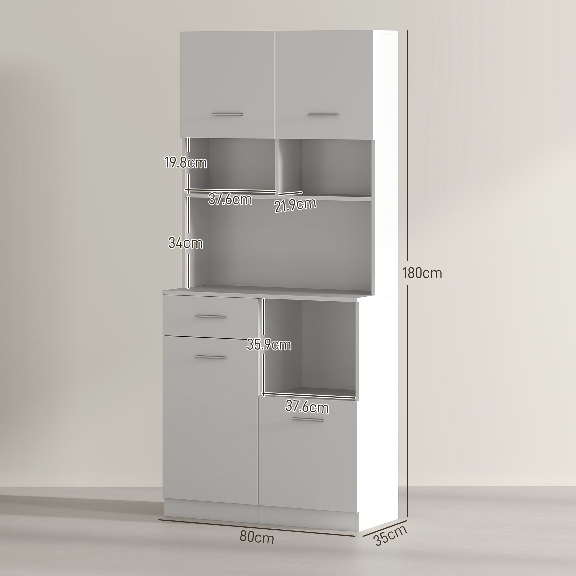 Wooden Pantry Cabinet with Drawer, 4 Cabinets and 3 Open Shelves, 80x35x180 cm, White