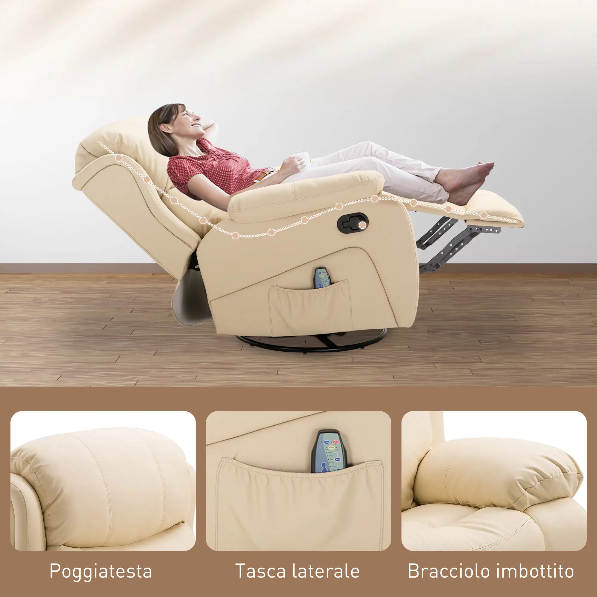 Beige Reclining Relax Chair with 8 Massage Points, Heating and Footrest, 97x92X104 cm