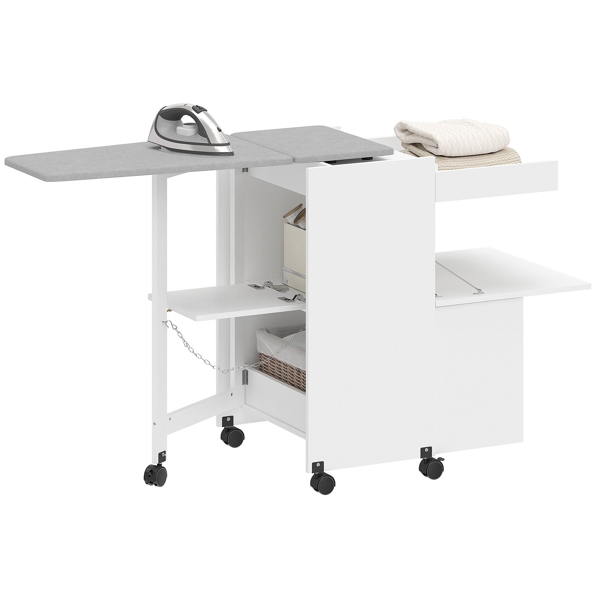 Folding Ironing Board with Storage, Space-Saving, White