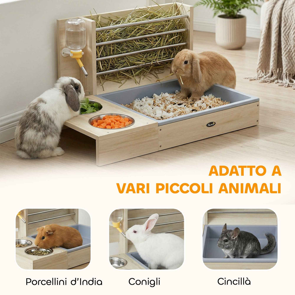 PawHut Hay Feeder with Hay Rack and Litter Box, Feeding Station, Natural Wood Color