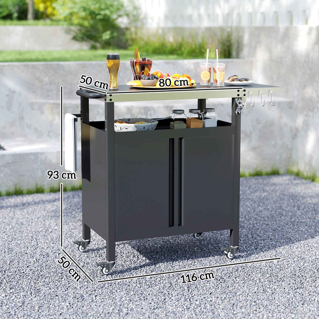 Outsunny Stainless Steel Barbecue Cart with Cabinet, Open Shelf and Side Table, 116x50x93 cm, Black