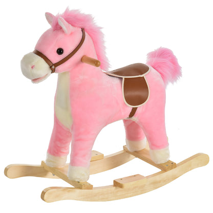 HOMCOM Wooden Rocking Horse Toy with Realistic Sounds for Children 36-72 Months, Includes 2 AA Batteries, Pink