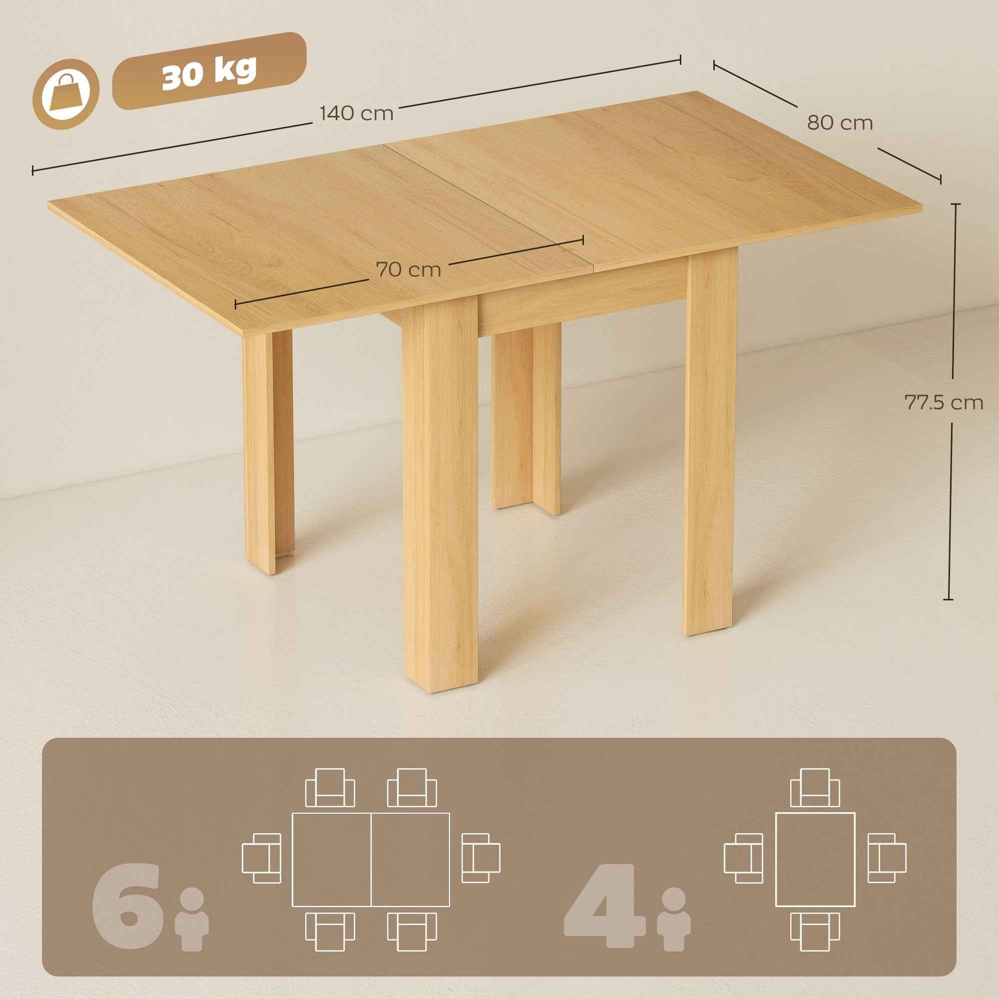 HOMCOM Extendable Dining Table for 4-6 People in Wood and Steel, 140x80x77.5 cm, Wood Color