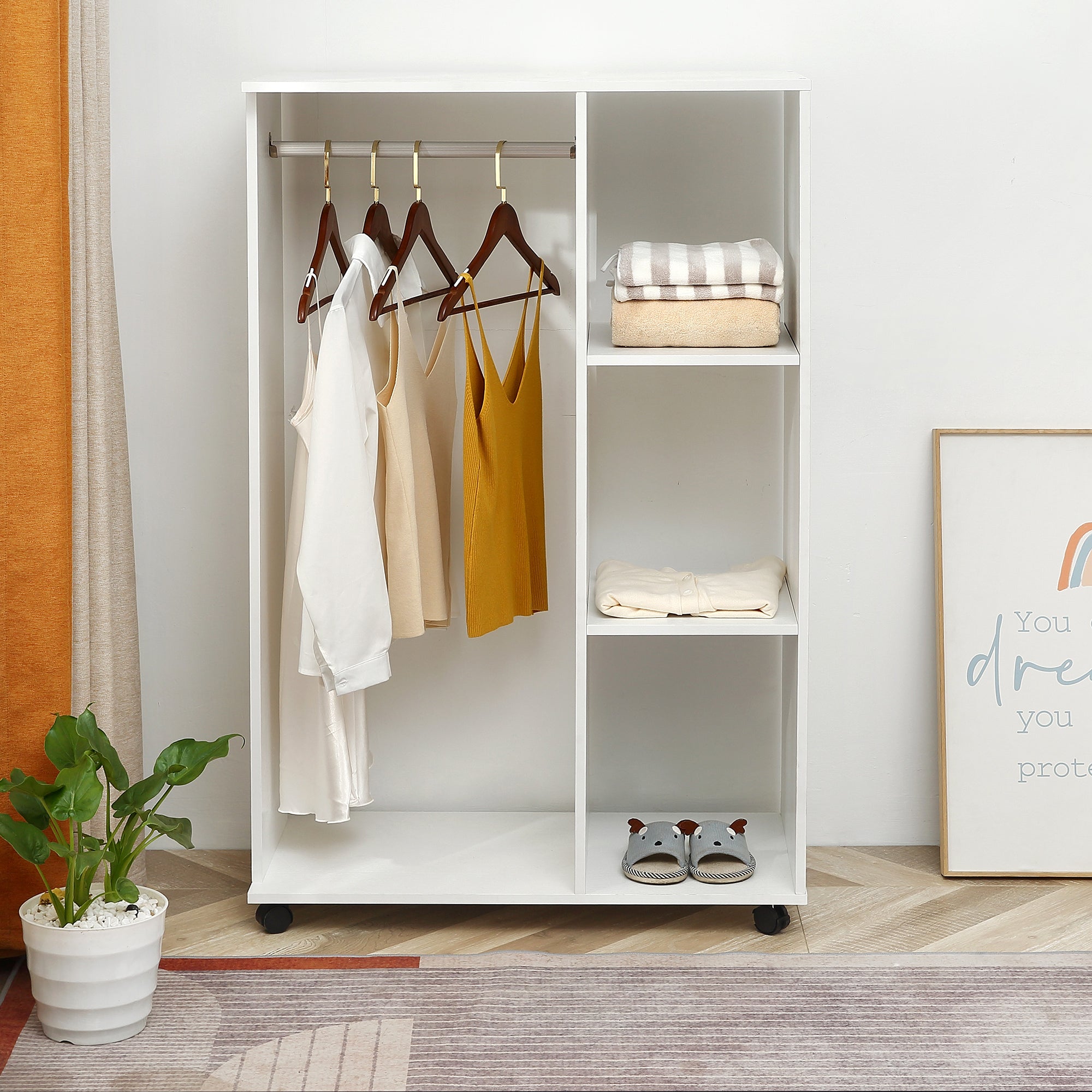 HomCom Wardrobe with Wooden Wheels, white, 80x40x128cm - Borgè