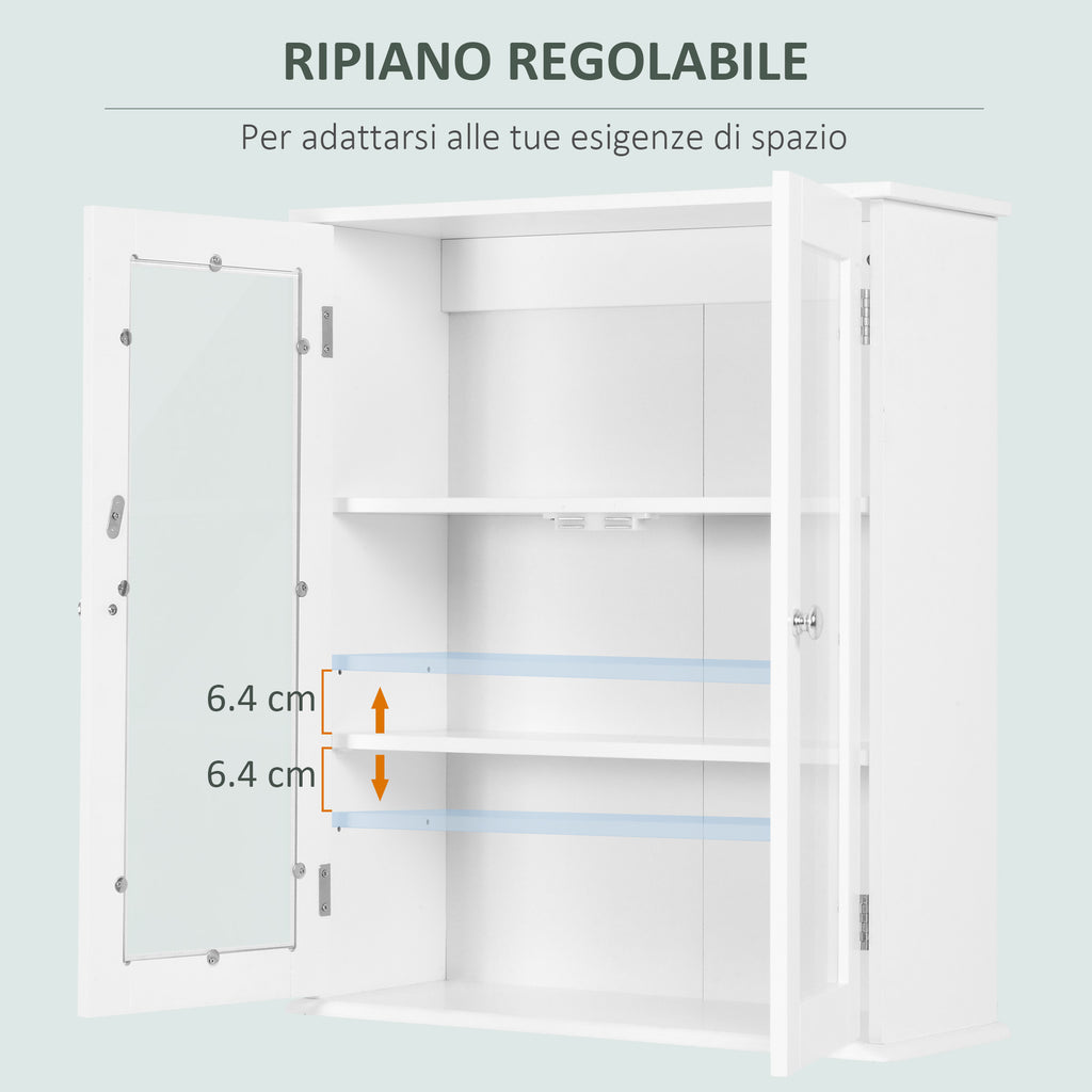 kleankin 2-Door Bathroom Wall Cabinet in Wood and Glass with Adjustable Shelf, 55x20x65 cm, White