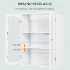 kleankin 2-Door Bathroom Wall Cabinet in Wood and Glass with Adjustable Shelf, 55x20x65 cm, White