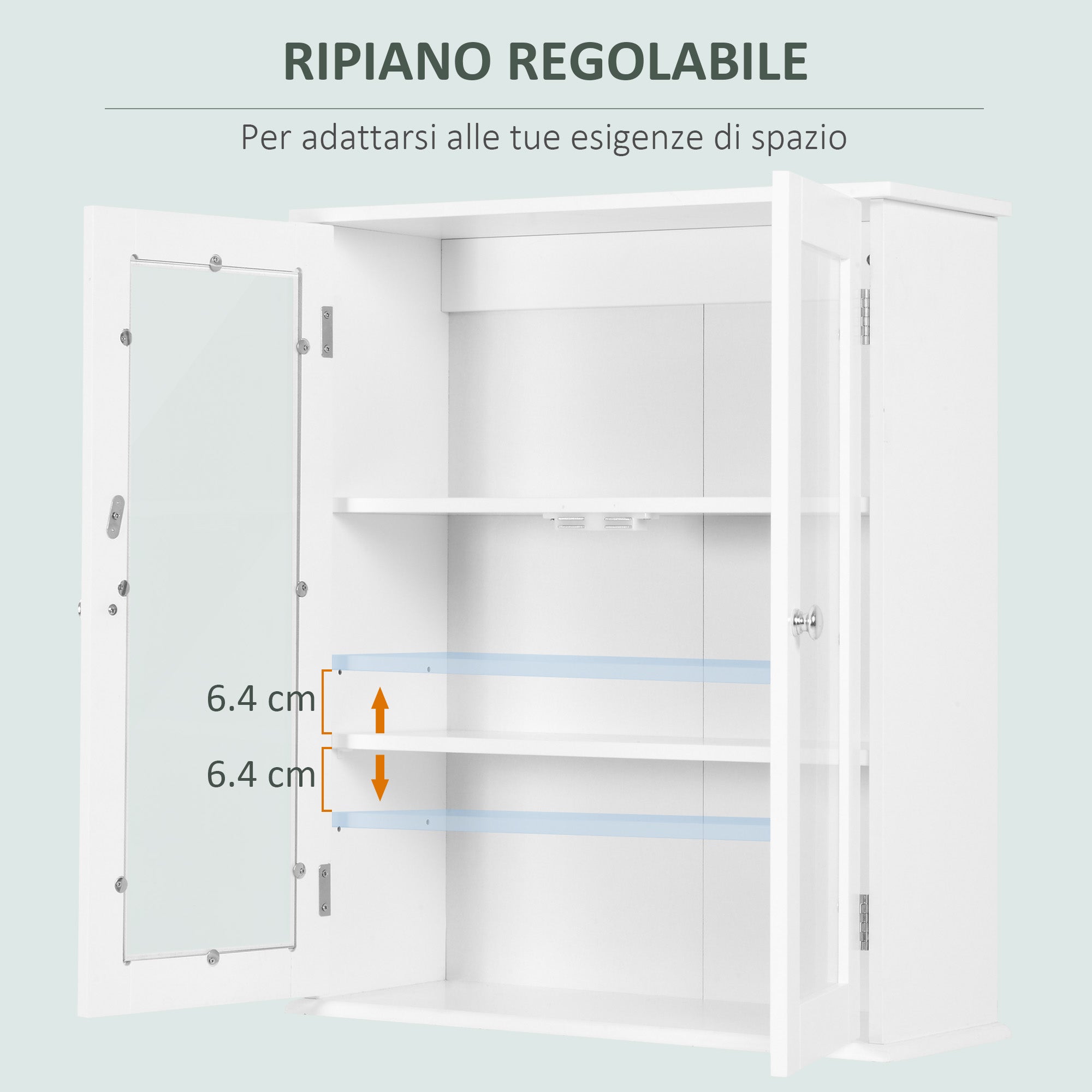 kleankin 2-Door Bathroom Wall Cabinet in Wood and Glass with Adjustable Shelf, 55x20x65 cm, White