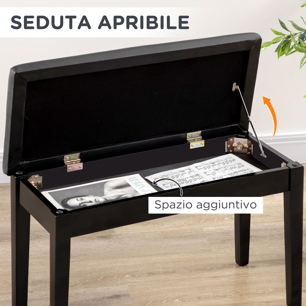 Piano Stool with Storage Compartment in Wood and PU Faux Leather, 75x35x49cm, Black