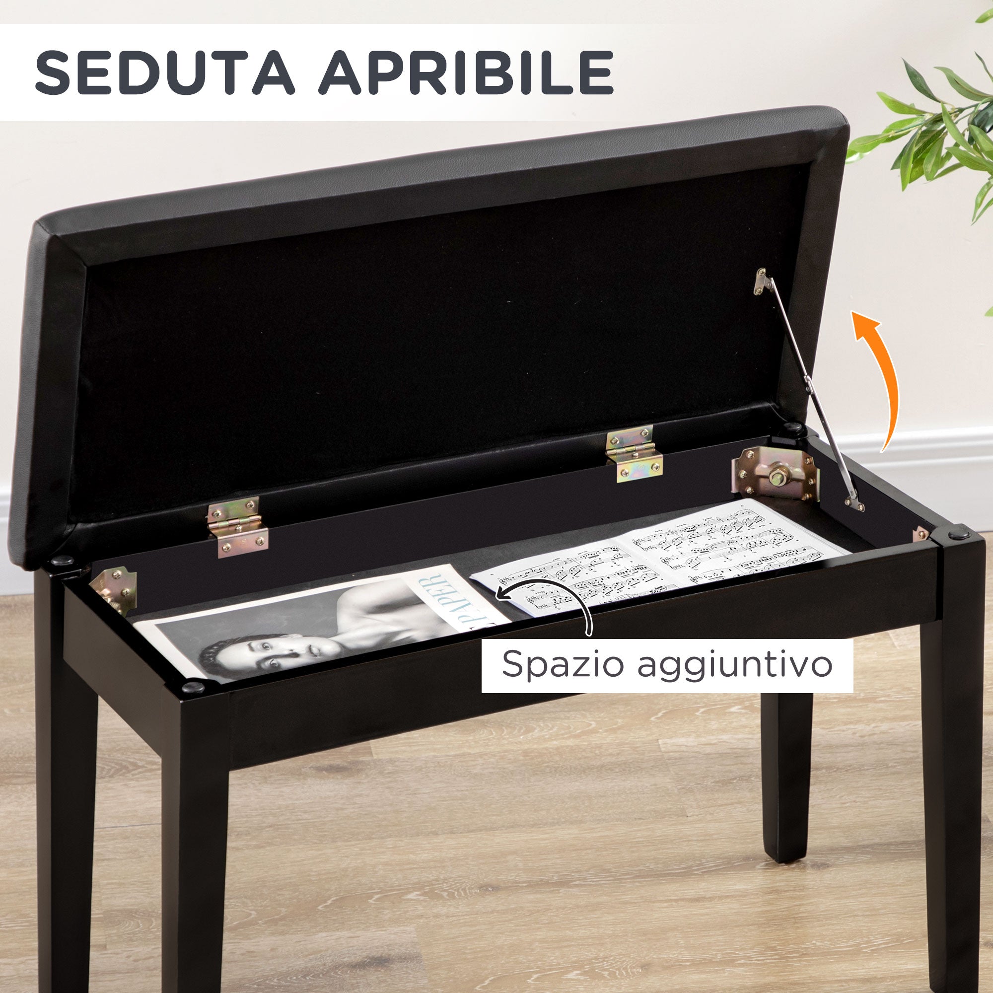 Piano Stool with Storage Compartment in Wood and PU Faux Leather, 75x35x49cm, Black