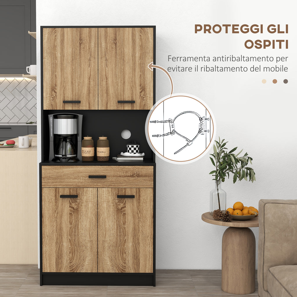 Wooden Kitchen Sideboard with 2 Door Cabinets and Drawer, 80x40x180 cm, Black and Wood Color
