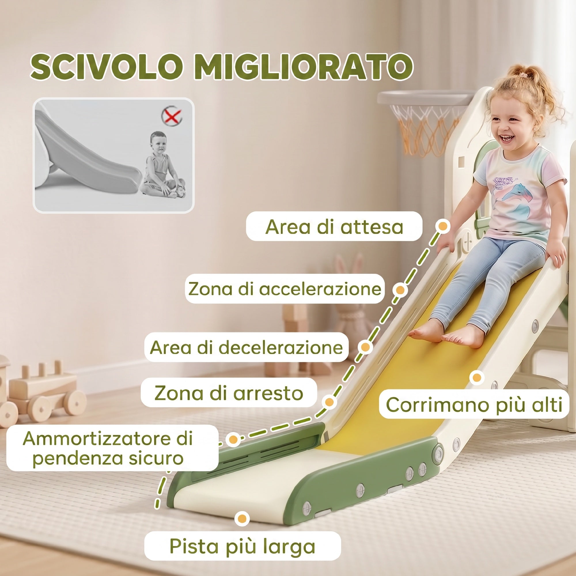 AIYAPLAY Slide for Children 1-3 Years with Climbing Frame, Basketball Hoop, Storage Space, Non-Slip Steps, Cream