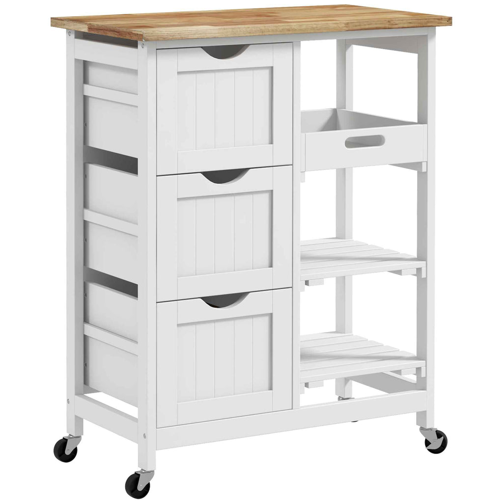 HOMCOM Wooden Kitchen Cart with 3 Drawers and 3 Open Shelves, 67x37x85.5 cm, White