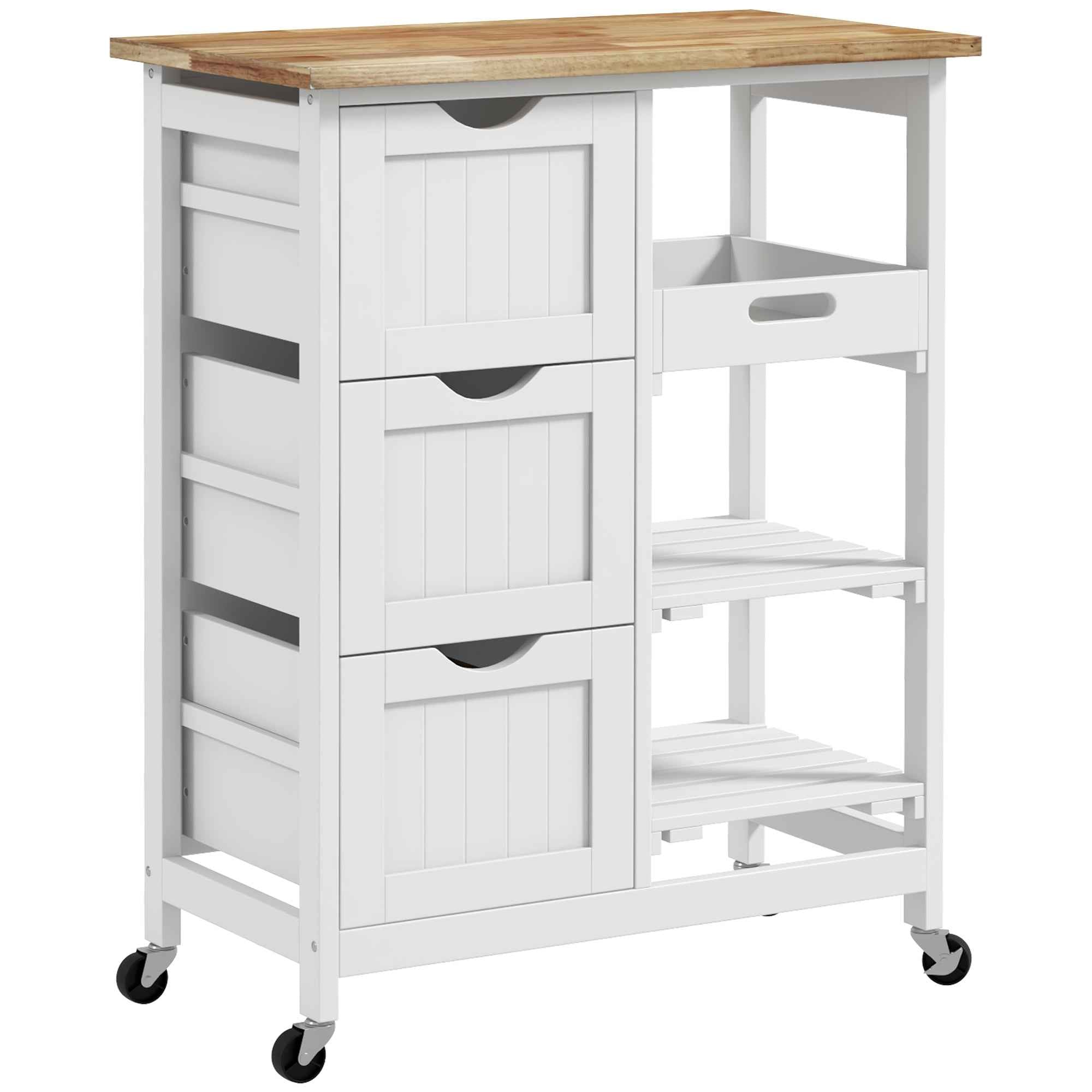 HOMCOM Wooden Kitchen Cart with 3 Drawers and 3 Open Shelves, 67x37x85.5 cm, White