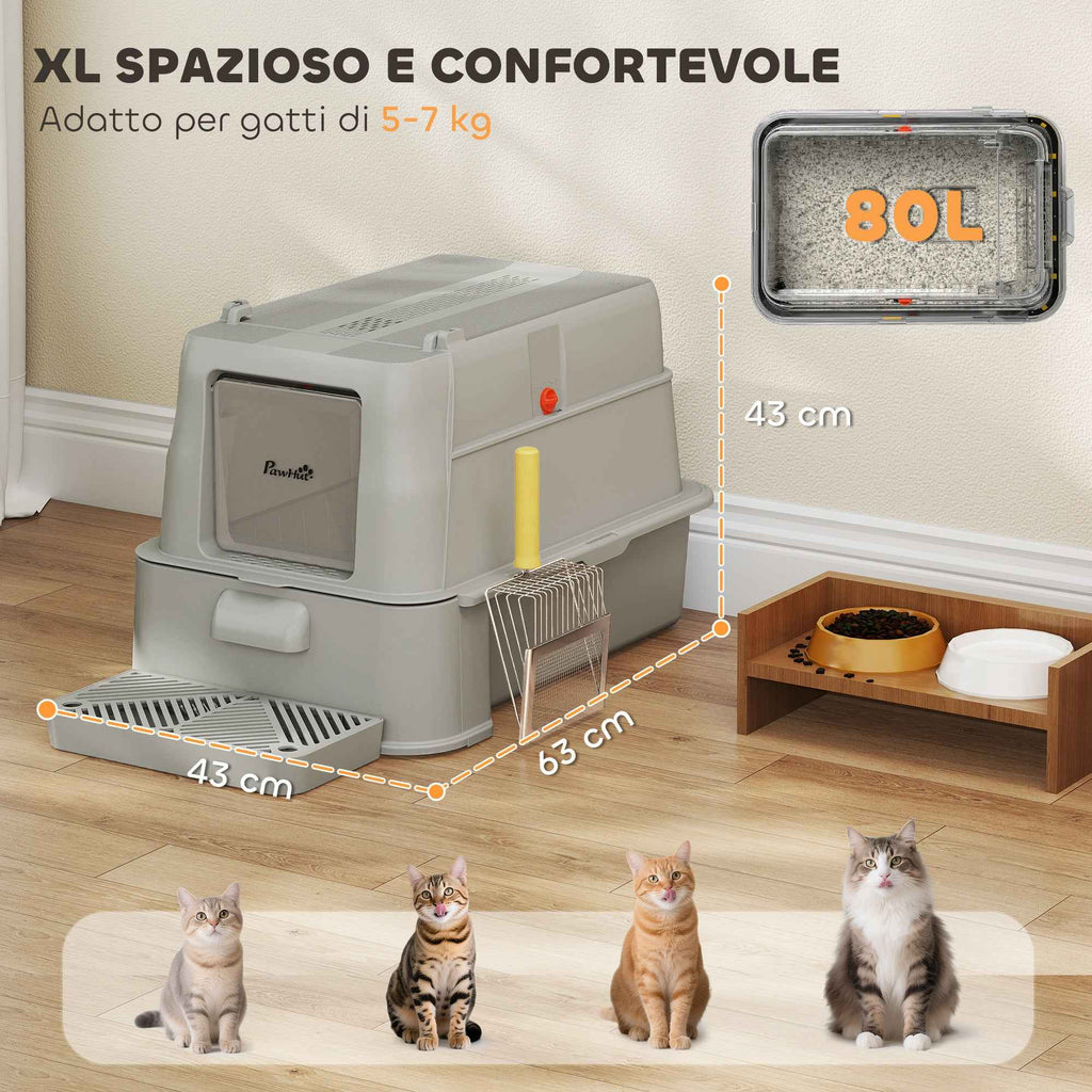 PawHut 80L Enclosed Cat Litter Box with Removable Tray, ABS and Stainless Steel, 63x43x43 cm, Light Grey