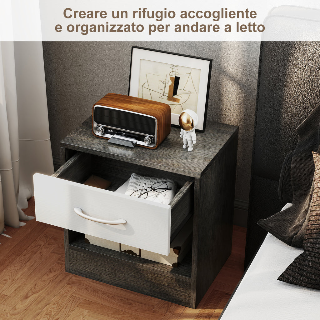 Modern Bedside Table with Open Shelf and Drawer, Wooden, 39x28x41 cm, White and Dark Grey