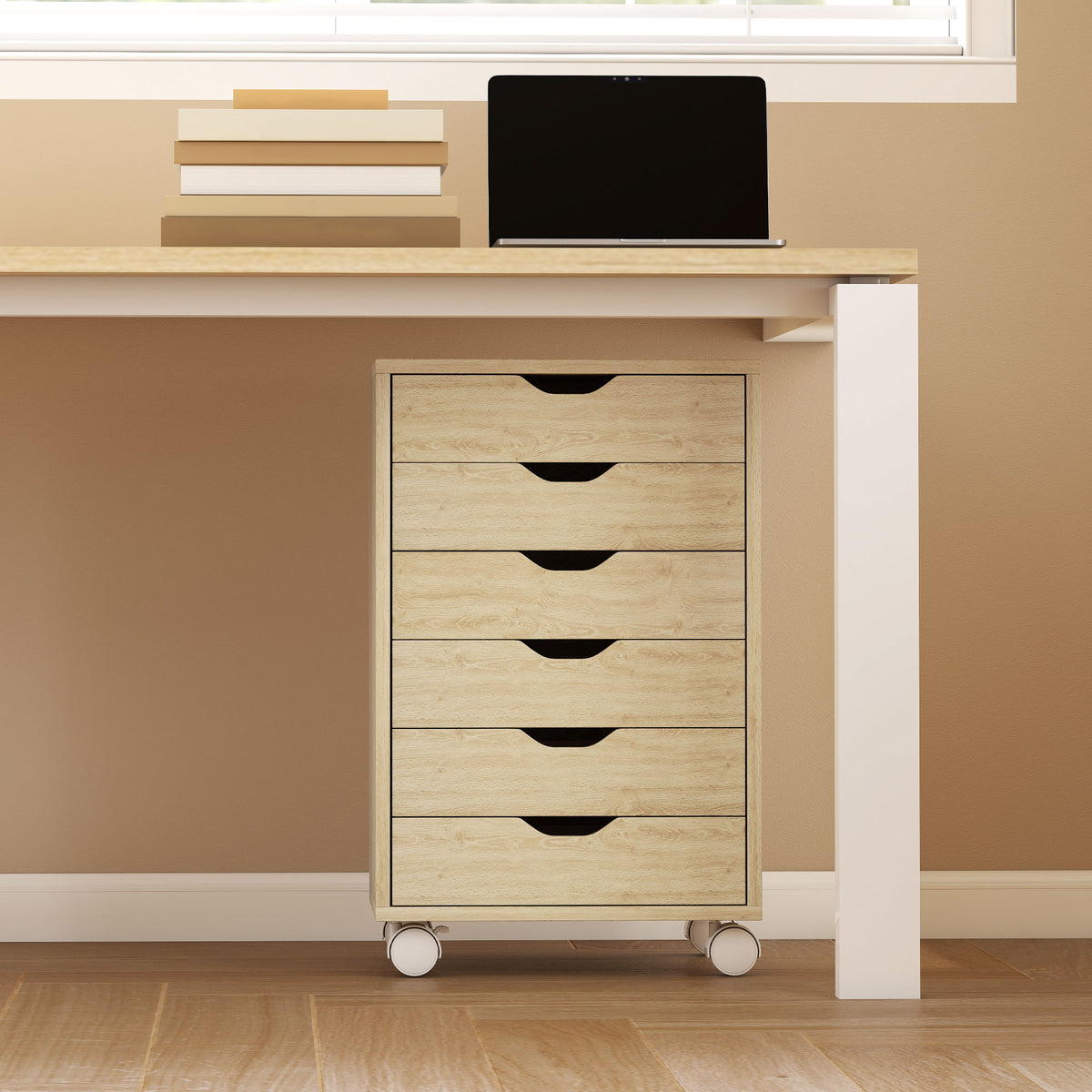 HOMCOM 6-Drawer Office Chest with 4 Wheels and Lock, 40x35x63 cm, Oak