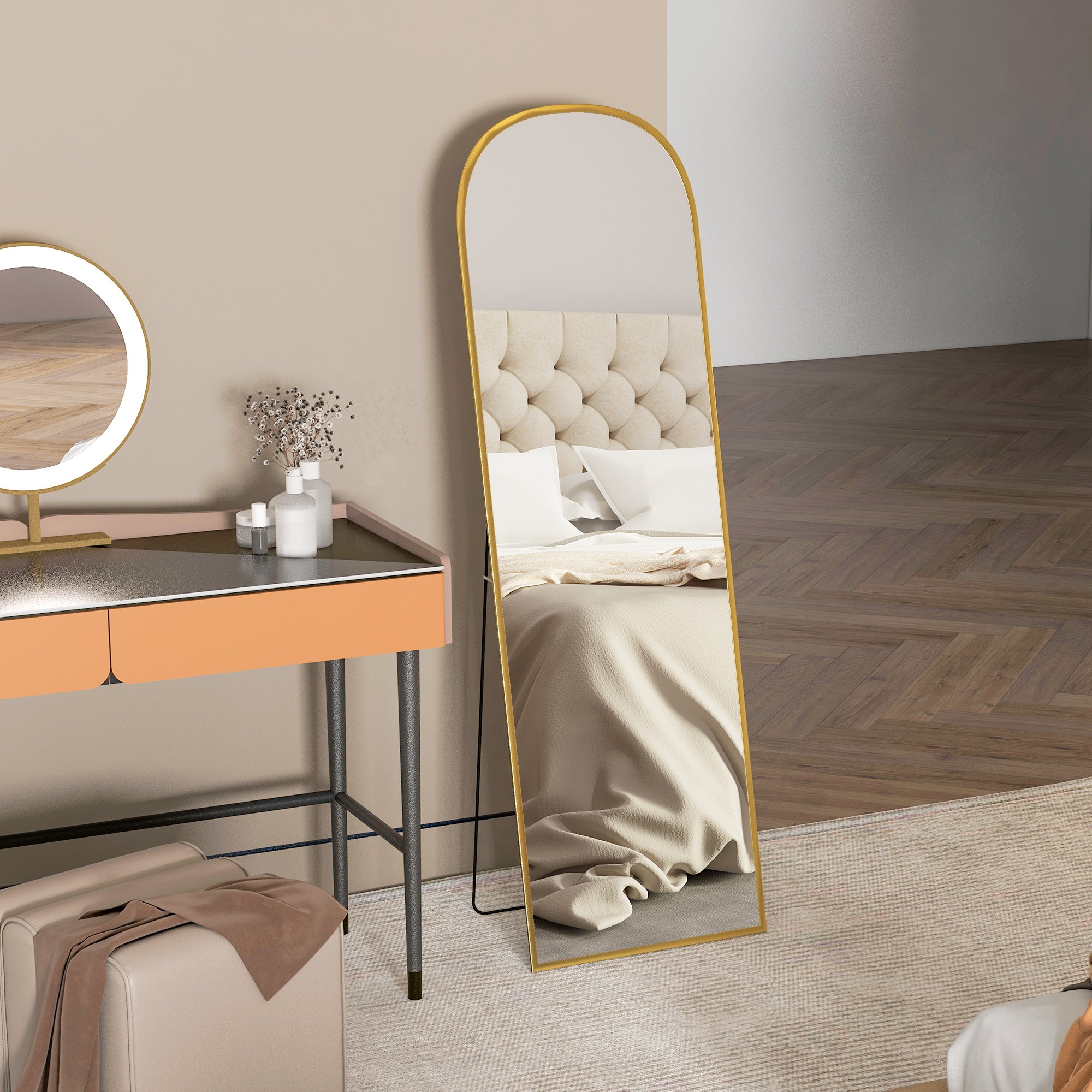 Modern Aluminum Alloy Floor and Wall Mirror with Folding Stand, 50x161.5 cm, Gold