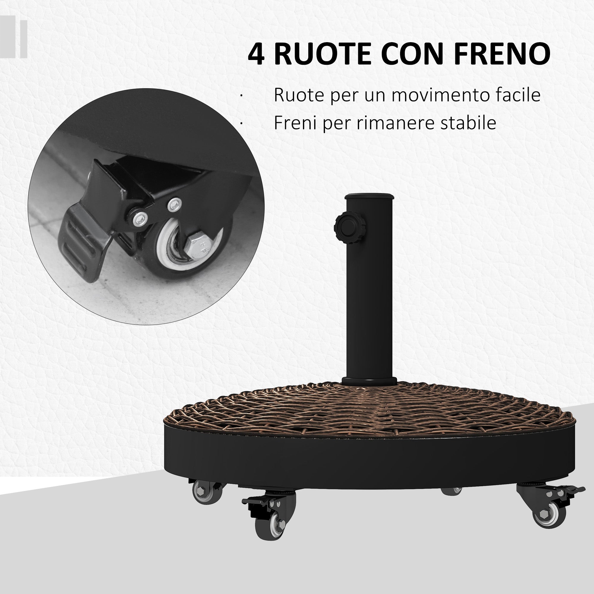 Round Garden Umbrella Base with 4 Wheels with Brakes, in Steel and Resin, Ø52x41 cm, Bronze and Black