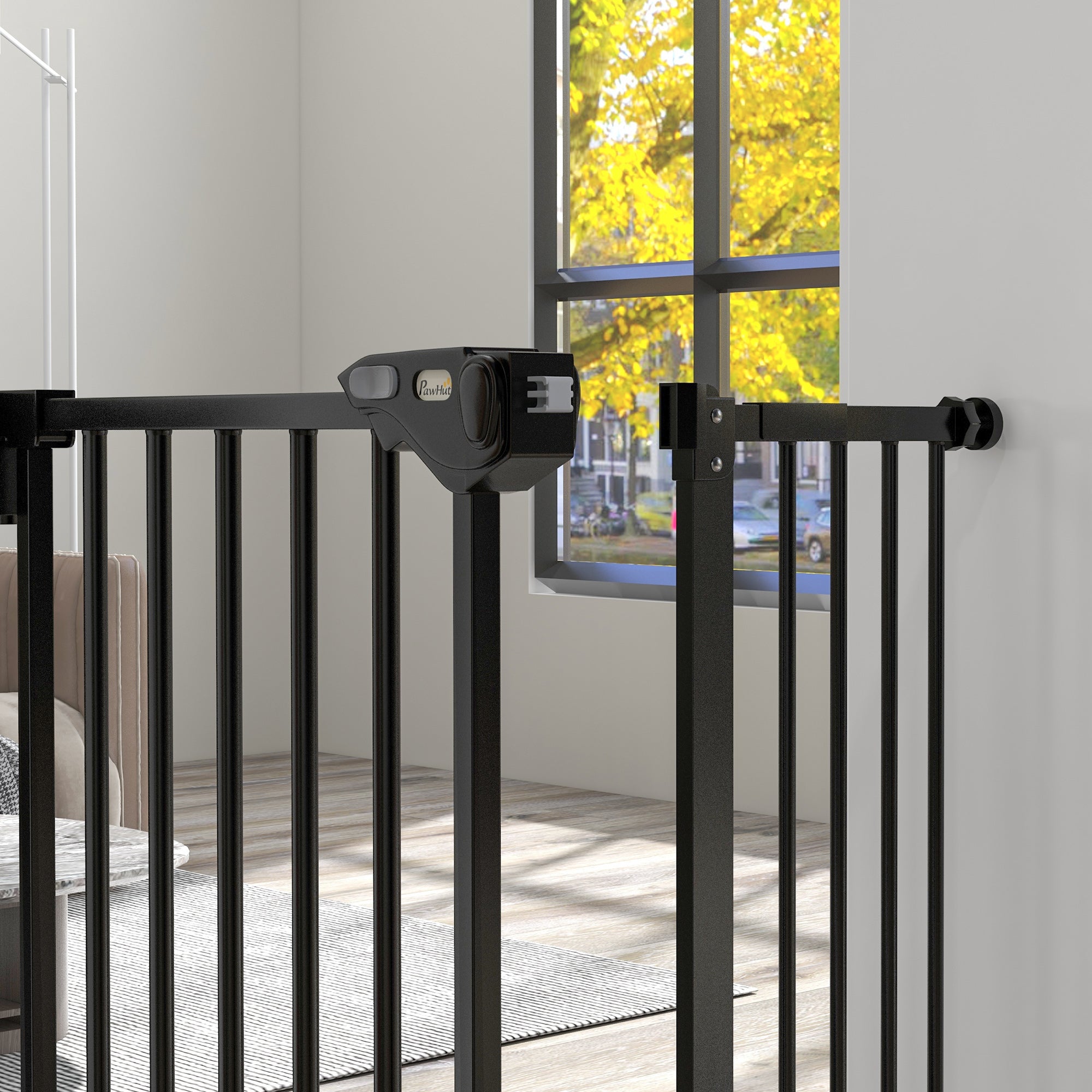 Adjustable Dog Gate with Automatic Closing, Made of Steel and Plastic, 74-100x77 cm Black