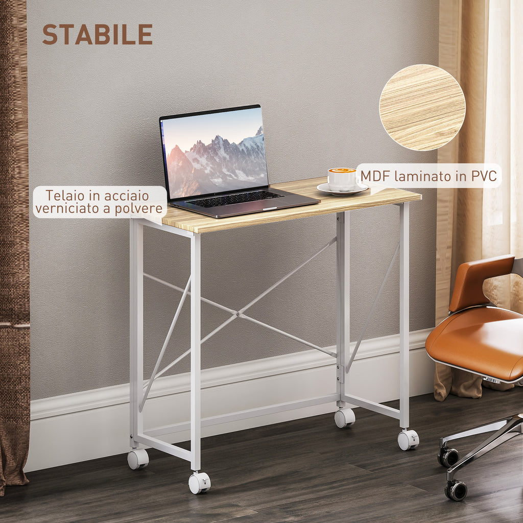 HOMCOM Space-Saving Folding Desk with 4 Wheels and Brake, 80x40x75 cm, Wood