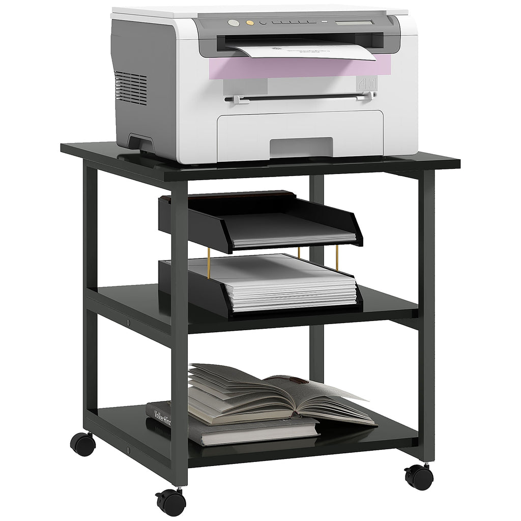 3-Tier Printer Cart with 4 Wheels, Wood and Steel, 50x50x52.5cm, Black