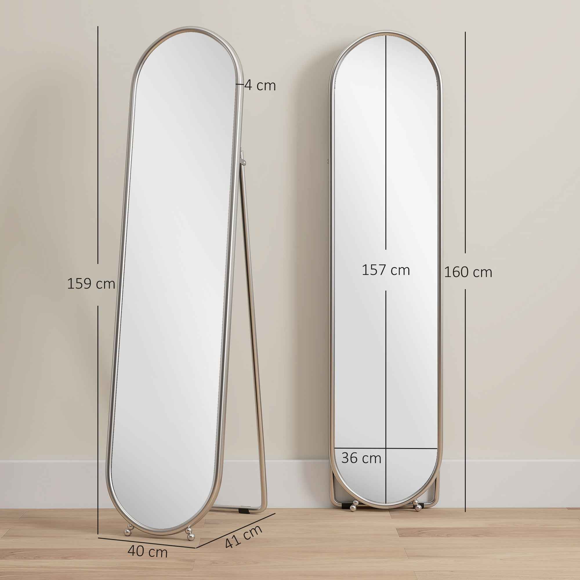 HOMCOM Full-Length Floor Mirror with Folding Stand, Glass and Metal, 40x4x160 cm, Silver