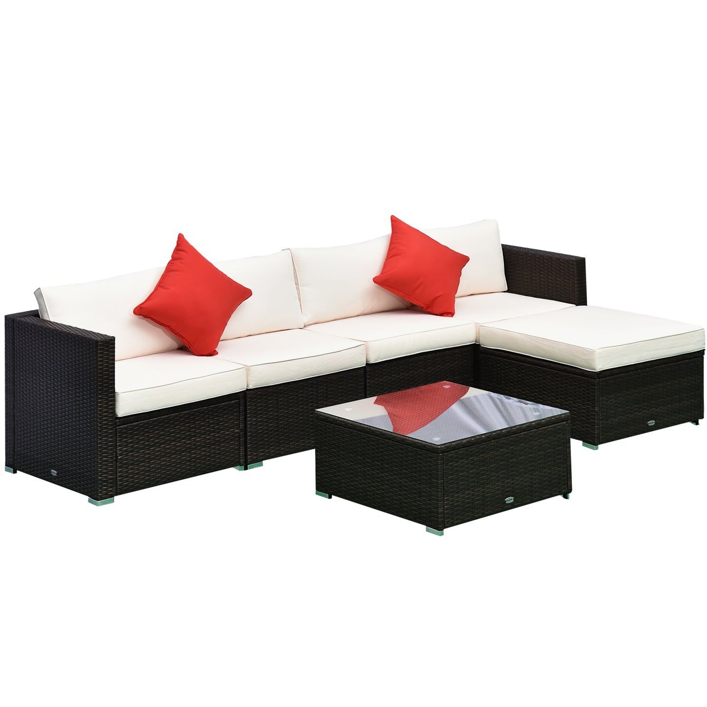 PE Rattan Garden Furniture Set 4 Armchairs 1 Stool 1 Tempered Glass Coffee Table 2 Cushions