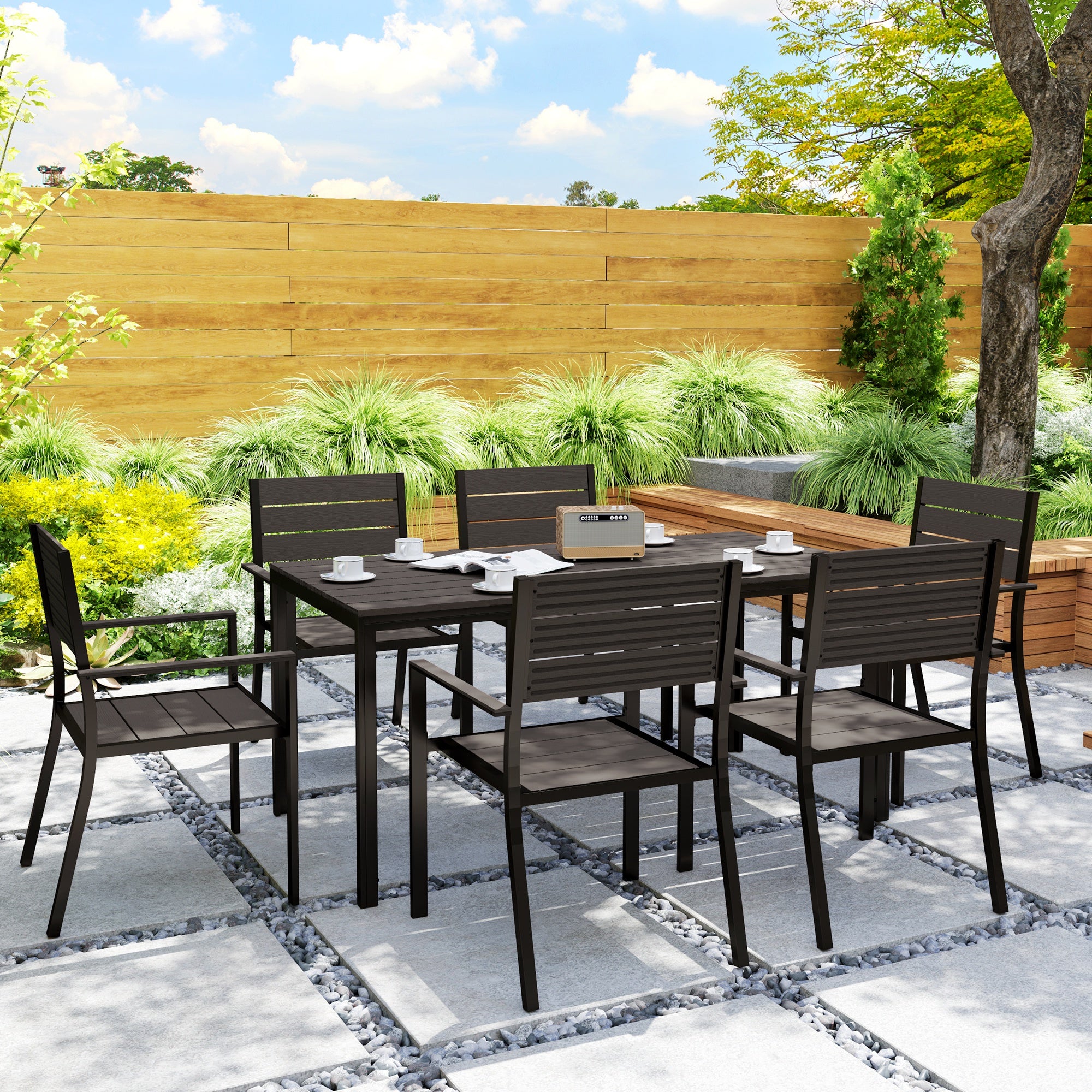 Outdoor Set with Rectangular Dining Table and 6 Stackable Chairs with Armrests, Brown