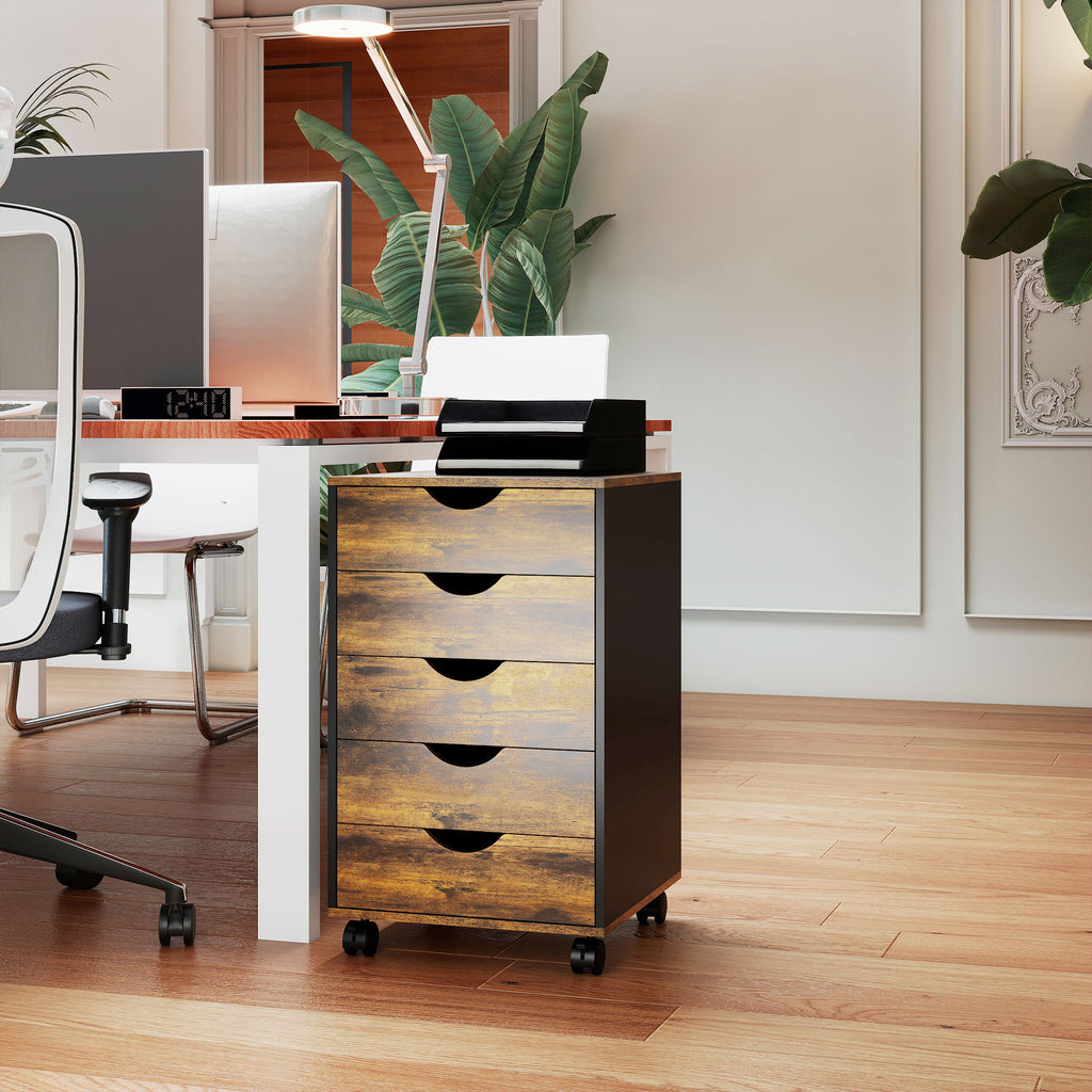HOMCOM 5-Drawer Office Chest with Swivel Casters and Brakes, Wooden, 40x40x67 cm, Brown
