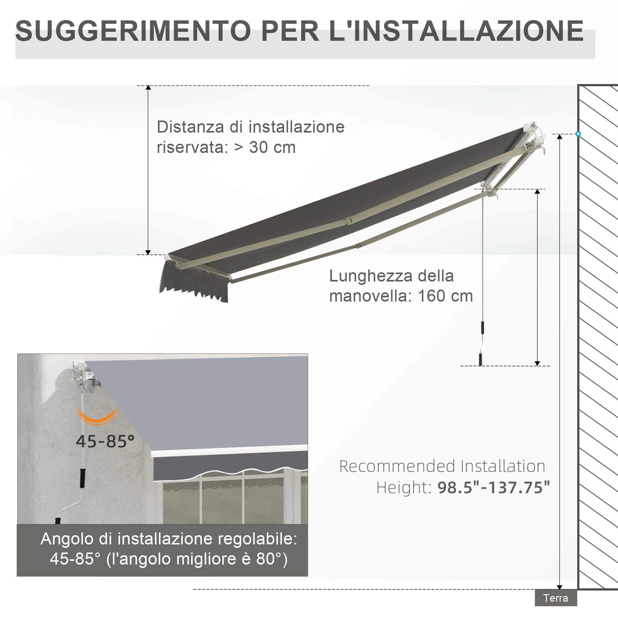 Manually Roll Up Outdoor Awning in Aluminum and Polyester, 2.5x2 m, Gray and White