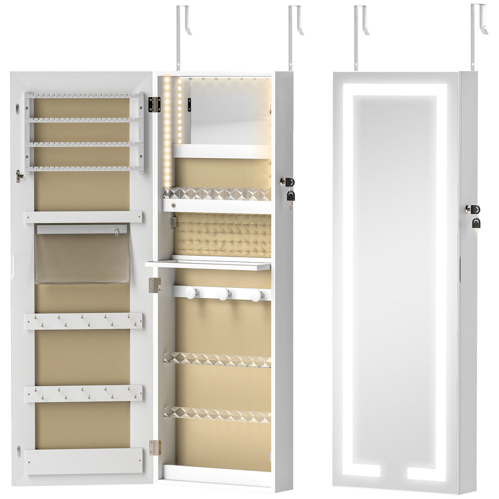 HOMCOM Wall or Door Mounted Jewelry Cabinet with Internal Mirror and LED Lights, with Lock and Key, Zip Pocket, White