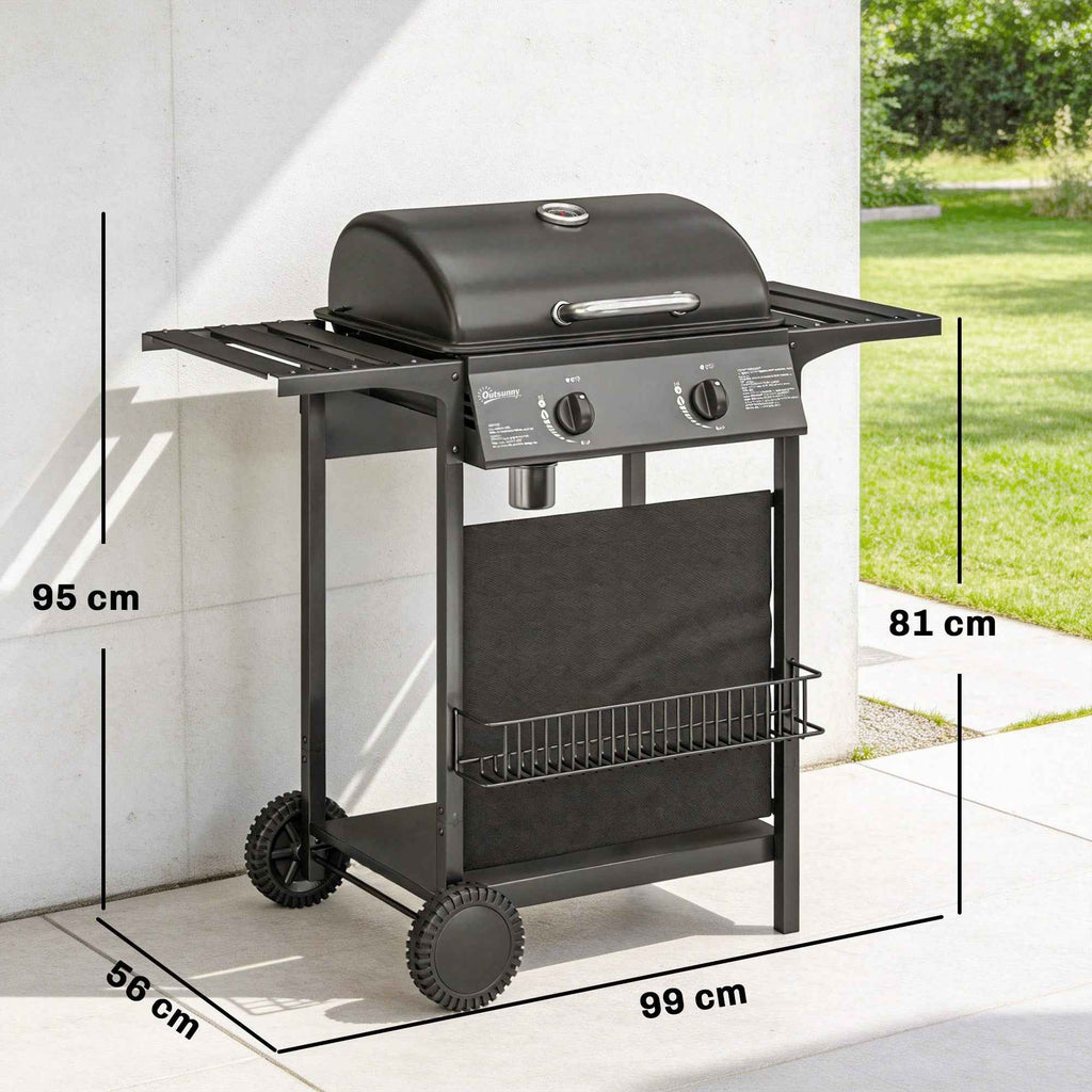 Outsunny Gas Barbecue, 2 Burners, Side Tables, Grease Tray, Black.