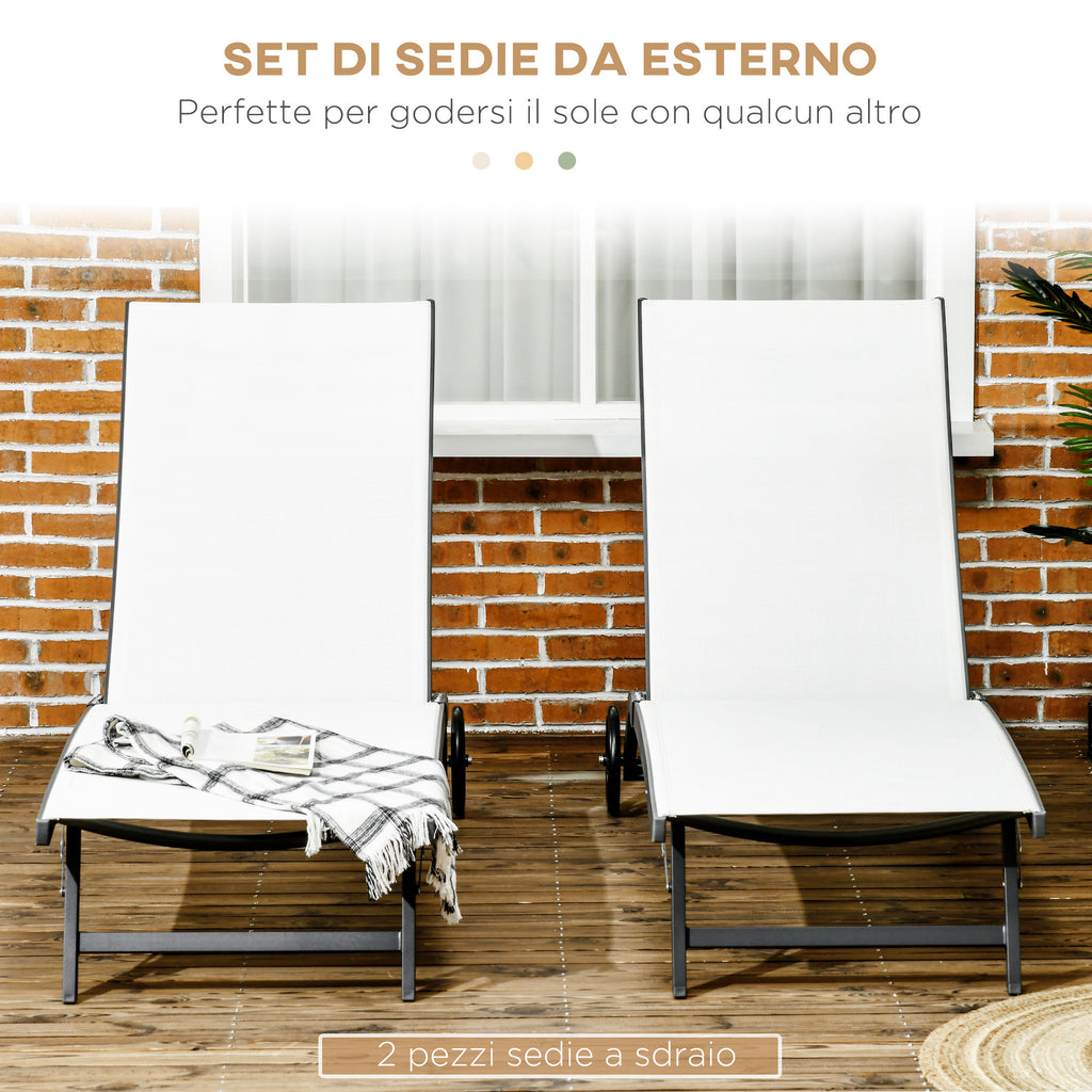 Outsunny Set of 2 Sun Loungers with Reclining Backrest, in Aluminum and Breathable Fabric, 66x165x102 cm, Cream