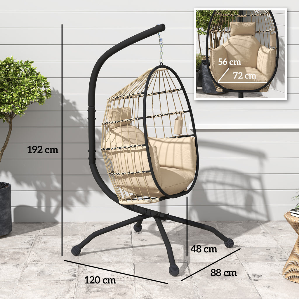 Hanging Egg Chair with Adjustable Hook, 2 Cushions and Folding Basket, 120x88x192 cm, Khaki