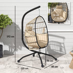 Hanging Egg Chair with Adjustable Hook, 2 Cushions and Folding Basket, 120x88x192 cm, Khaki