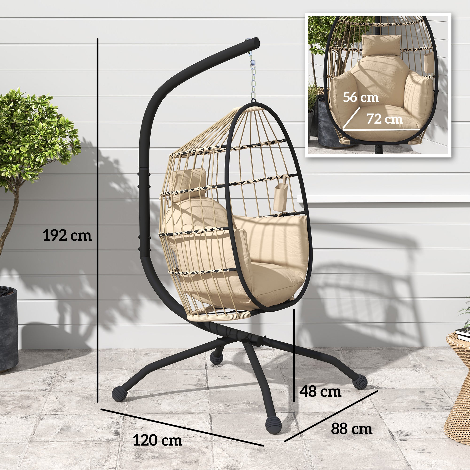 Hanging Egg Chair with Adjustable Hook, 2 Cushions and Folding Basket, 120x88x192 cm, Khaki