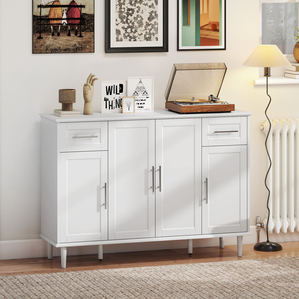 Elegant Buffet Sideboard with 2 Drawers and 3 Cabinets with Adjustable Shelves, Wooden, 120x38x86 cm, White