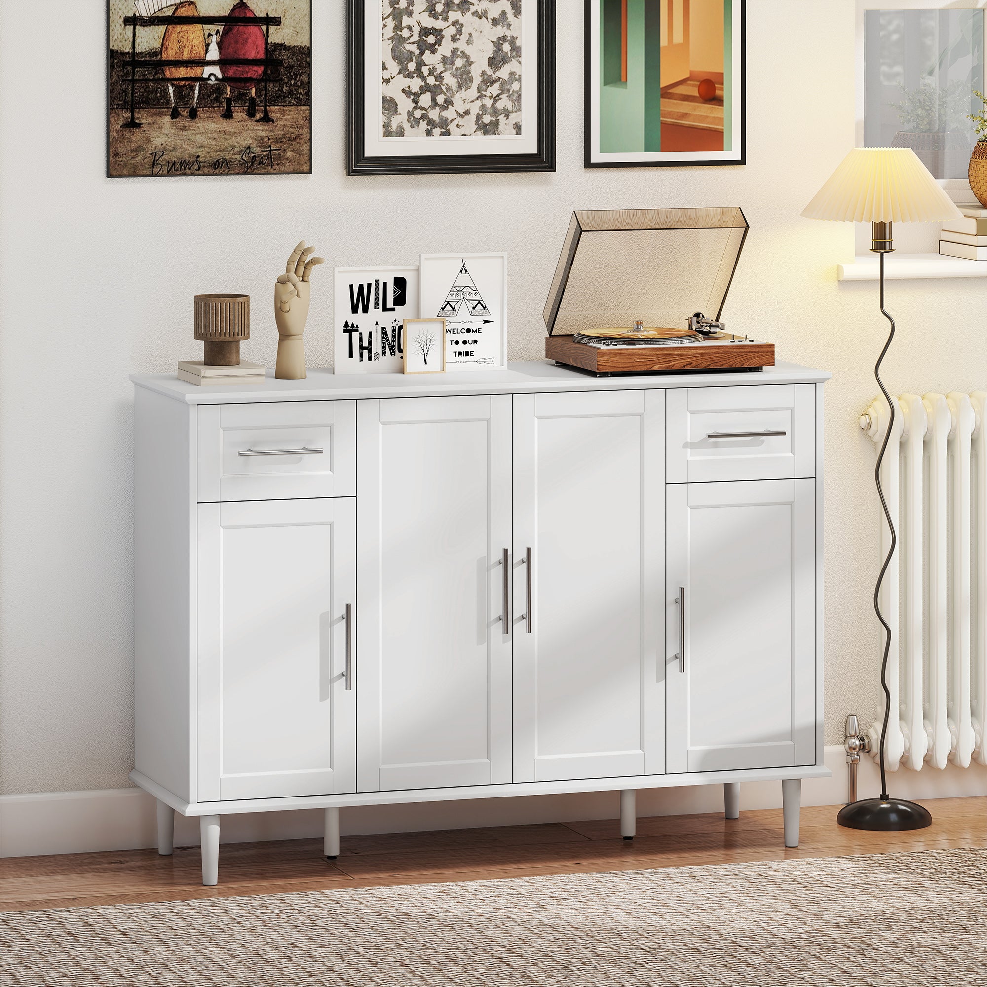 Elegant Buffet Sideboard with 2 Drawers and 3 Cabinets with Adjustable Shelves, Wooden, 120x38x86 cm, White