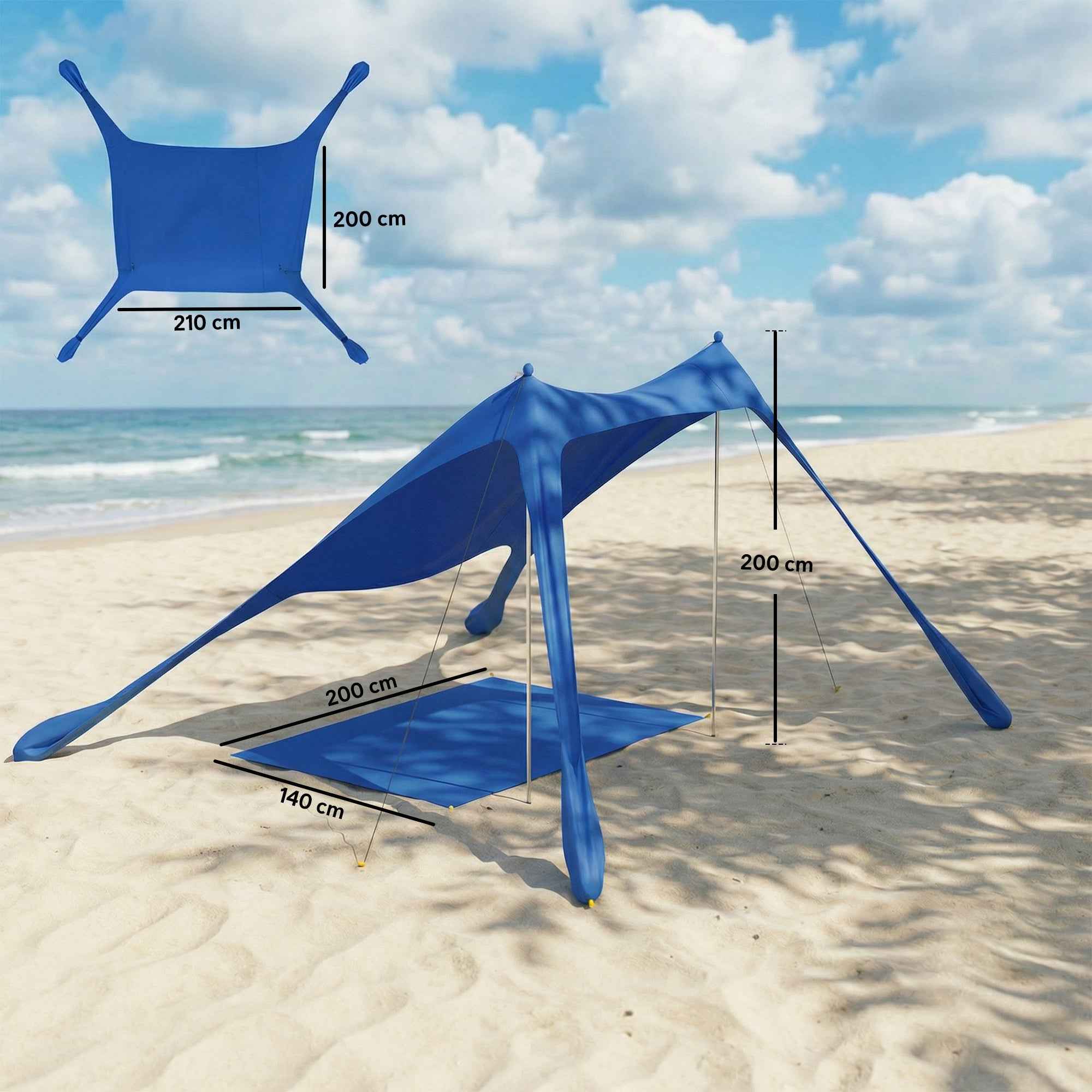 Outsunny UV 50+ Beach Tent for 2-4 People with Mat and Shovel, in Lycra and Aluminum, 200x208x200 cm, Blue