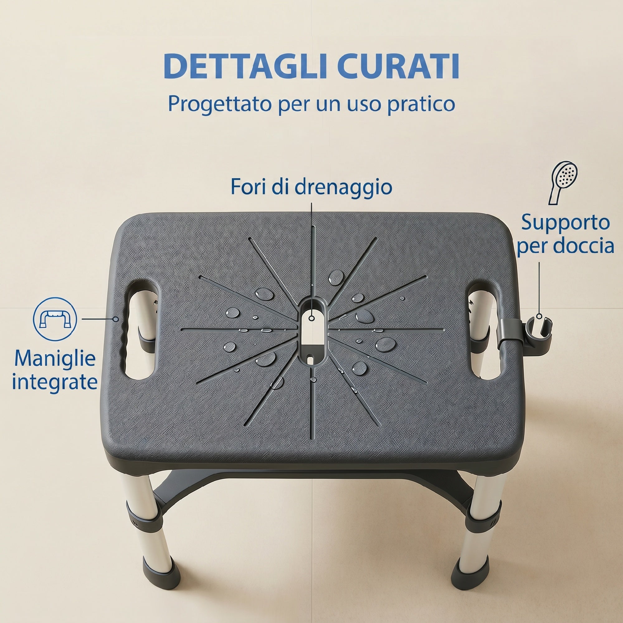 HOMCOM Aluminum Shower Stool with Integrated Shelf, 5-Level Adjustable Height, 150kg Load Capacity, Gray