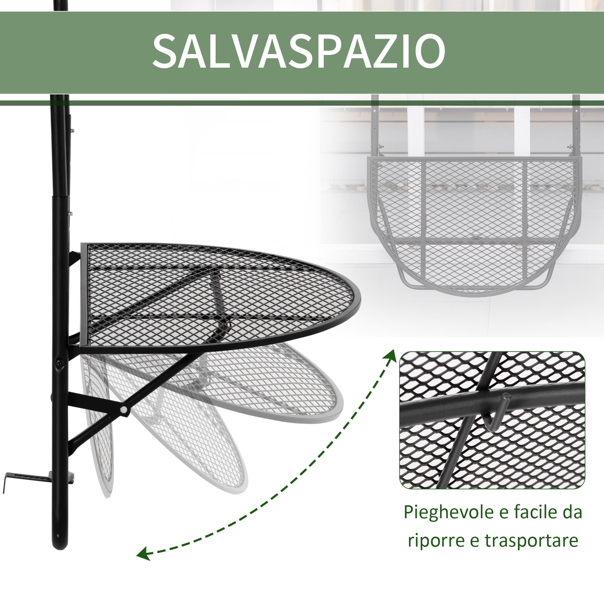 Folding and Adjustable Metal Railing Table, 60x60x57-72cm, Black
