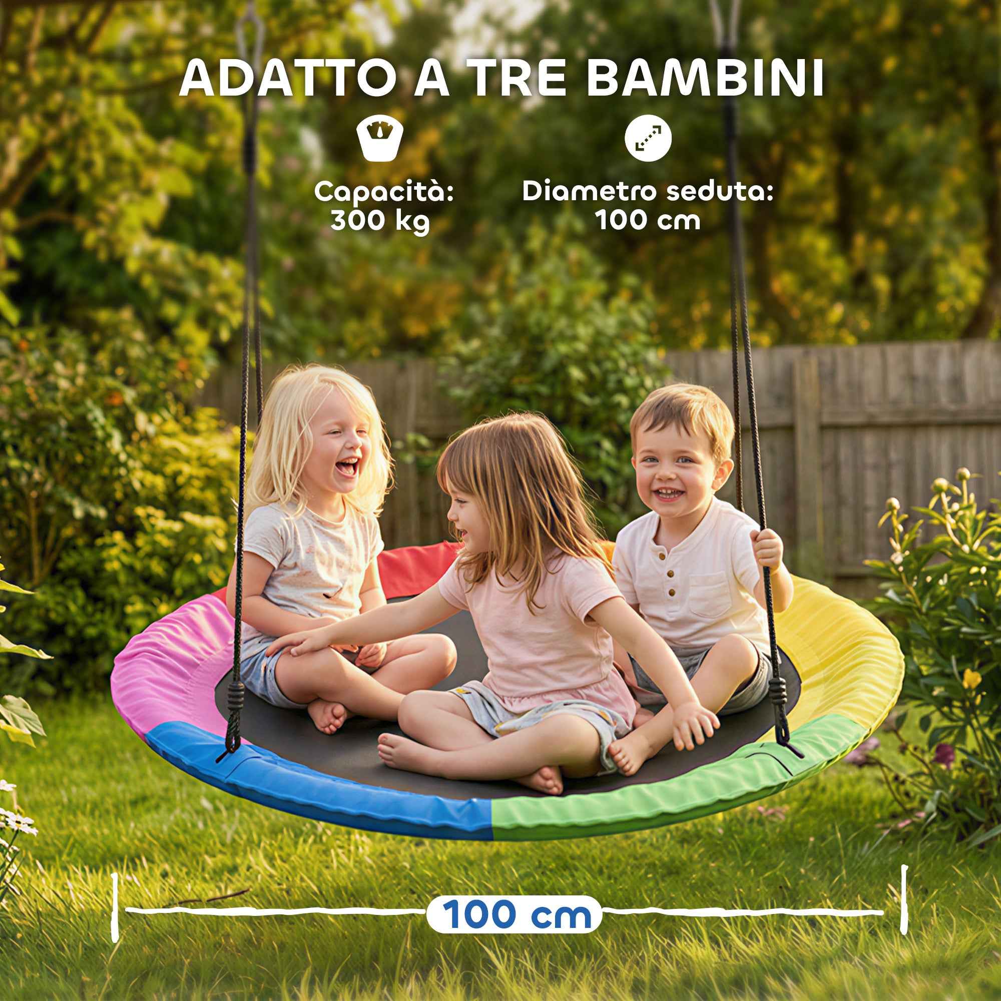 Nest Swing for Children 3-8 Years with Ropes and Straps, in PE and Oxford Fabric, 100x100x180 cm, Multicolored
